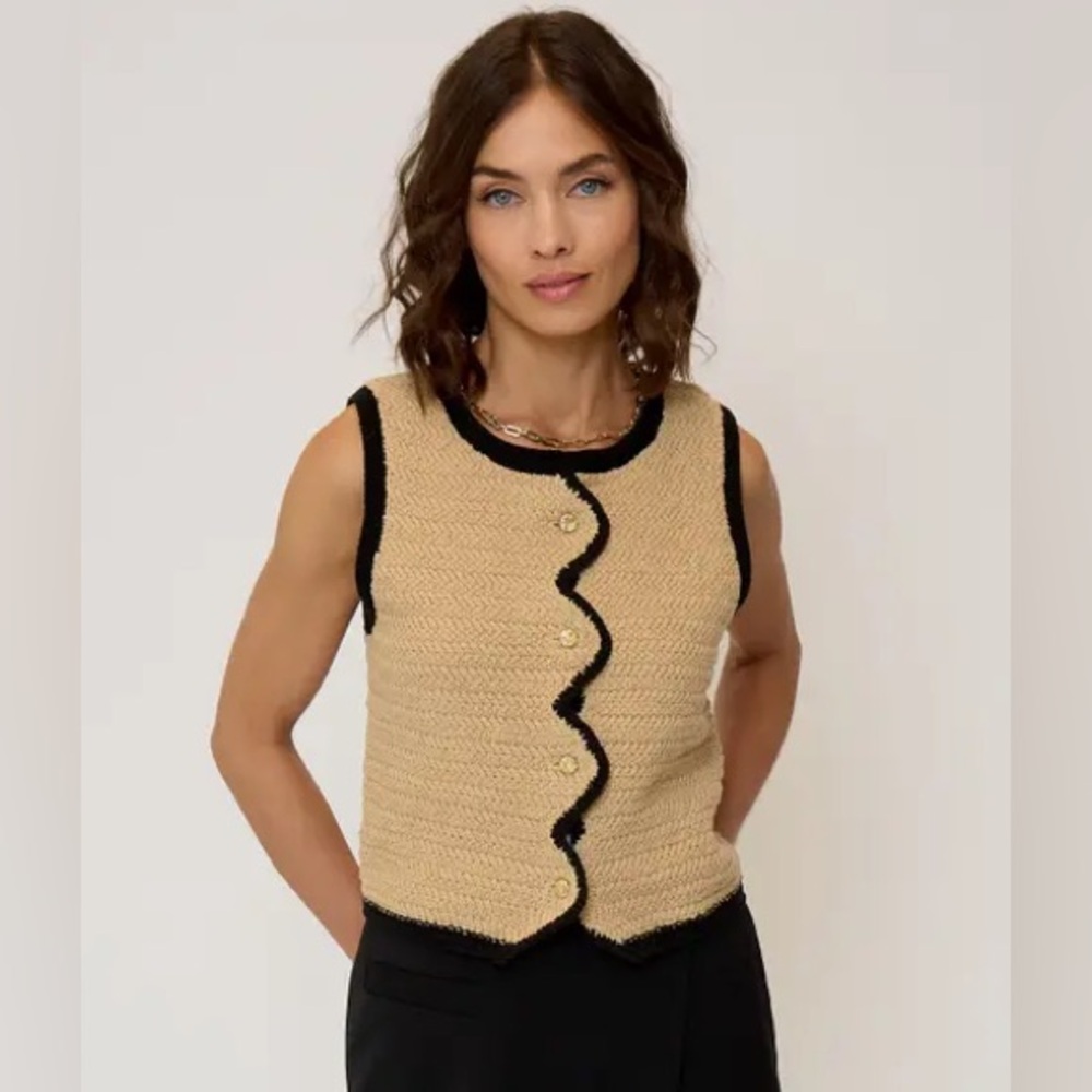 Central Park West Rose Scallop Tank Vest in Tan and Black